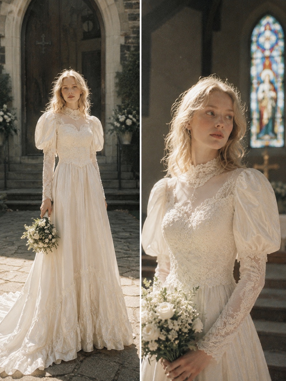 Vintage 70-80s Alfred Angelo Lace High-Neck Wedding dress/gown, puffed sleeves